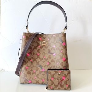 Coach Town Bucket Bag Signature Canvas Disco Print Purse Wallet Set